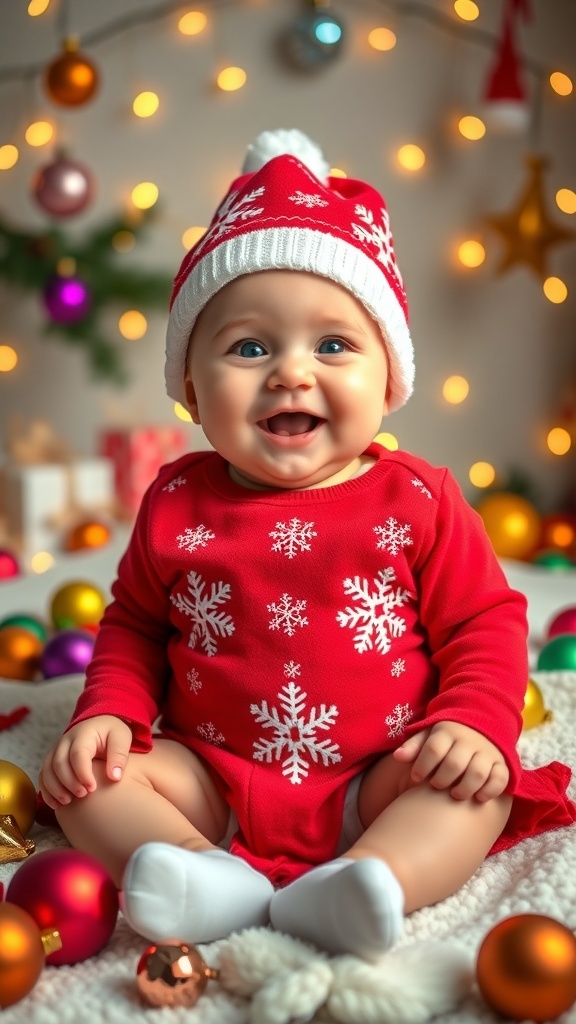 Adorable Christmas Outfit for 6-Month-Old A cute baby in a red Christmas outfit with snowflakes, sitting on a blanket with holiday decorations.